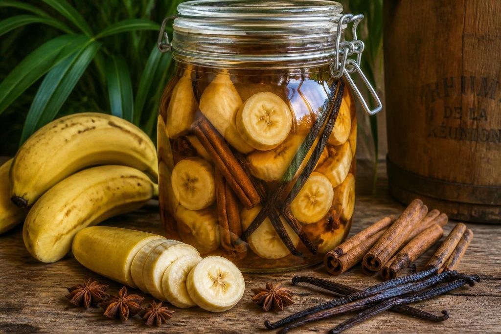 découvrez une recette savoureuse de rhum arrangé à la banane, délicatement parfumée à la cannelle et à la vanille, pour une boisson maison authentique et originale.
