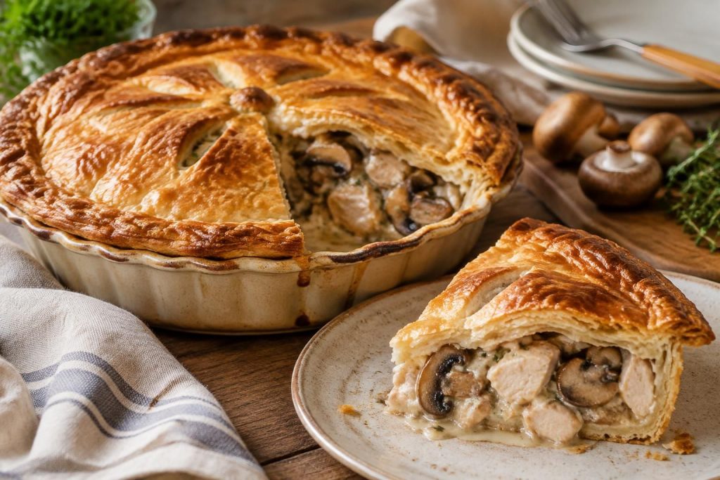 découvrez une tourte au poulet et aux champignons facile et rapide à préparer, avec une garniture savoureuse et une pâte dorée et croustillante.