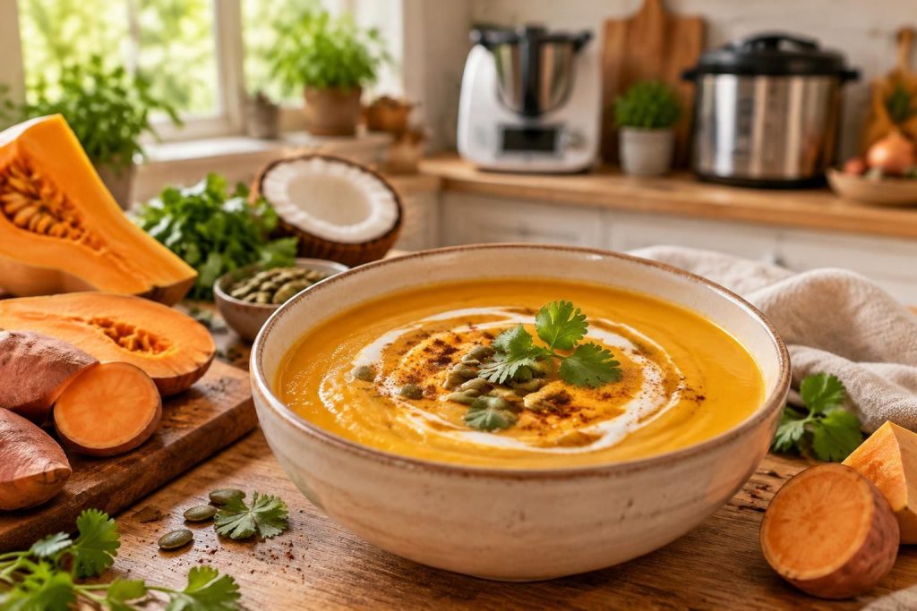 Velouté butternut patate douce lait de coco : recettes savoureuses au Thermomix et Cookeo